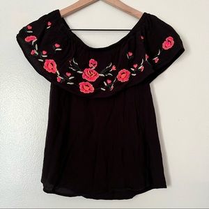 Black/Pink Embroidered Floral Off Shoulder Blouse